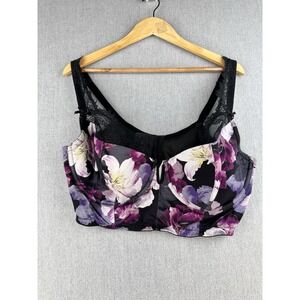Cacique Longline Bra 42DDD‎ Black Purple Floral Lace Mesh Underwire Plus